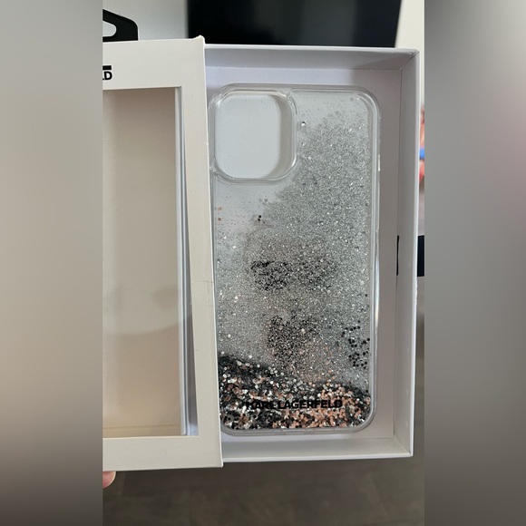 KARL LAGERFELD IPHONE 12 PRO MAX LIQUID GLITTER IN SILVER & LOGO CASE | NWT - Picture 6 of 6